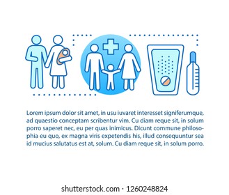 Family medicine concept linear illustration. Childcare. Healthcare. Article, brochure, magazine page layout. Pediatrics. Thin line icons with text boxes. Print design. Vector isolated outline drawing