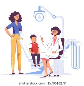 Family Medicine Dental Concept. Dentist, Mother And Child In Dentistry Office. Young Doctor, Woman And Kid Patient In Dentist Chair In Hospital. Checkup And Teeth Medical Examination.