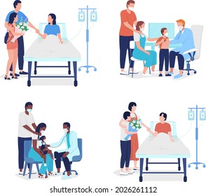 Family Medicine Semi Flat Color Vector Characters Set. Full Body People On White. Going With Family To Doctor Appointment Isolated Modern Cartoon Style Illustration For Graphic Design And Animation