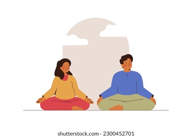 Family meditate together at home near the window. Man and his pregnant woman relax in lotus posture and do breathing exercises. Meditation concept for saving mental and body health. Vector