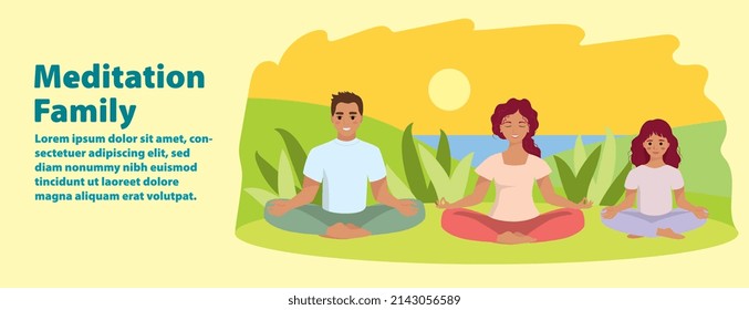 A family meditates in nature and leaves and the sunset. Conceptual illustration for yoga, meditation, relaxation, relaxation, healthy lifestyle. Vector illustration in the style of a flat cartoon