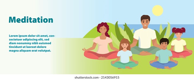 A family meditates in nature and leaves and the sunset Vector illustration in a flat cartoon