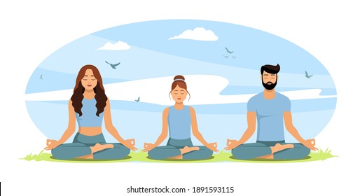 A family meditating together in nature. Parents and child doing yoga exercises in the fresh air. A family spending time together. Healthy lifestyle. Vector illustration on white background.