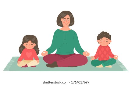 Family Meditation. Mother With Children Sitting In Lotus Pose And Meditating. Kids Yoga, Mindfulness, Relax, Breathing Lessons.