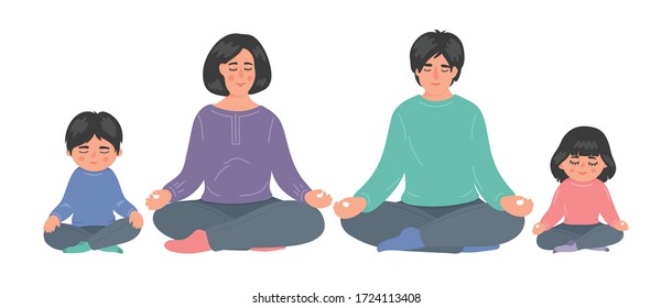 Family meditation. Mother and father with children sitting in lotuse pose and maditating. Kids yoga, minfulness, relax, breathing lessons.