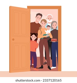 Family meet guest at open door vector illustration. Cartoon husband and wife, grandparents and grandchildren celebrate and greet with birthday cake, warm greetings from family characters in doorway