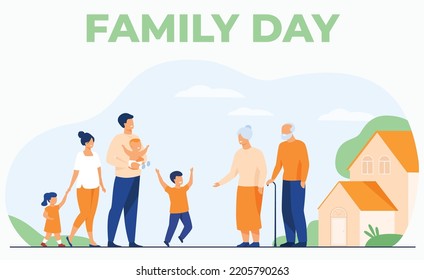 Family Meeting In Grandparents Country House. Excited Children And Parents Visiting Grandmother And Grandfather, Boy Running To Granny. Vector Illustration For Happy Family, Love, Parenting Concept