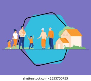 Family meeting in grandparents country house. Excited children and parents visiting grandmother and grandfather, boy running to granny. Vector illustration for happy family, love, parenting concept