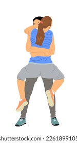 Family meeting hugs powerful emotions kisses. Two girls sisters hugging vector illustration. Welcome meet after travel trip. Sports woman celebrate victory. Lesbian lady in love. Closeness tenderness.