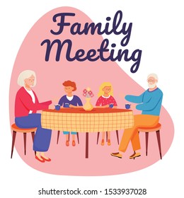 Family meeting social media post mockup. Retired people. Grandparents with kids. Advertising web banner template. Social media booster, content layout. Promotion poster, print ads, flat illustration