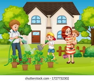 Family member cartoon character in the garden illustration