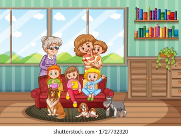 Family member cartoon character in living room illustration