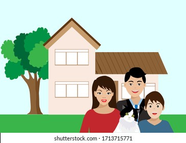 Family member, father, mother, son and cat with smiling face are in front of beautiful house. Vector Illustration.  Idea for people dream to have own house or home loan, real estate mortgage concept.