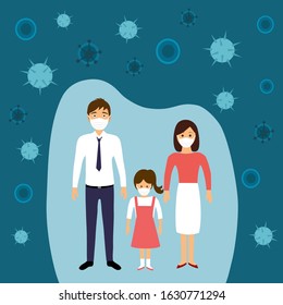 Family member wearing medical mask to protect themselves from corona virus concept vector illustration.