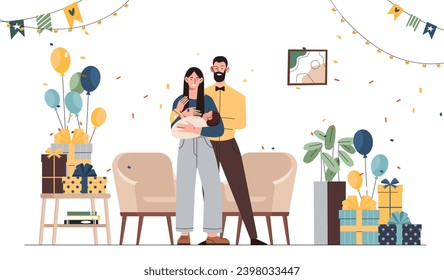 Family members with baby concept. Man and woman wit toddler in hands. Happy man and woman with son or daughter. Parents with kid. Parenthood and childhood. Cartoon flat vector illustration