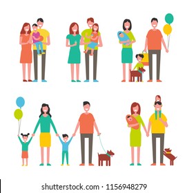 Family members cartoon characters spend time together. Parents and kids, children play with pets, happy relatives mother, father son and daughter vector