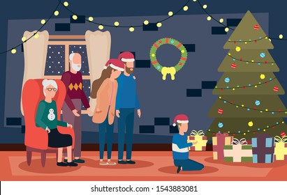 family members celebrating christmas with pine tree vector illustration design