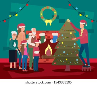 family members celebrating christmas with pine tree vector illustration design