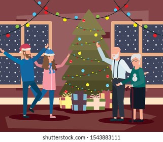 family members celebrating christmas with pine tree vector illustration design