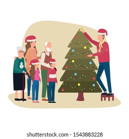 family members celebrating christmas with pine tree vector illustration design