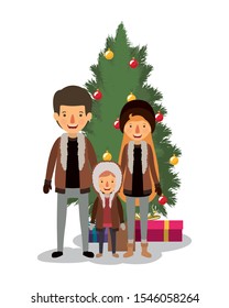 family members celebrating christmas with pine tree vector illustration design