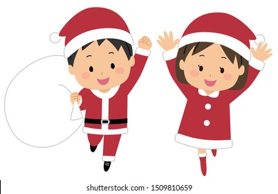 family members - children - in Christmas Santa costumes with toy bag
