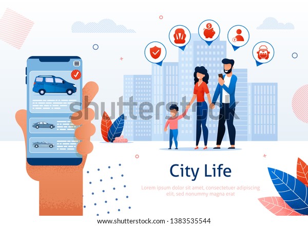 Family Members Choosing Minivan Car for\
Transportation Banner Vector Illustration. Father, Mothet and Child\
Travelling by Car. Application with Choice of Different Vehicles.\
Hand with Mobile Phone.