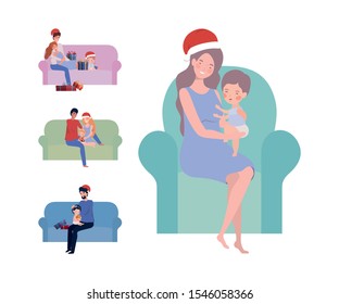 family members with christmas hats celebration vector illustration design