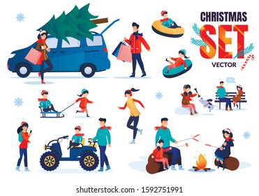Family Members Christmas Time Characters Trendy Flat Vector Set. Happy Parents with Children Going on Shopping, Actively Resting Together Outdoors at Winter, Kids Ice-Skating, Riding Sled Illustration