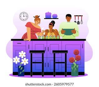 Family members decorating cupcakes in a colorful kitchen, flat graphic style with purple cabinets and flowers, concept of bonding and home life. Vector illustration