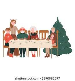 Family members of different generations and interests at the festive table. Grandpa, grandma, dad, mom, son, daughter at the holiday table. Christmas time to celebrate. Flat vector illustration.