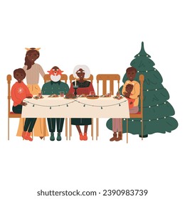 Family members of different generations and interests at the festive table. Grandpa, grandma, dad, mom, son, daughter at the holiday table.Christmas time to celebrate. Flat vector illustration.