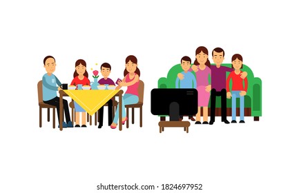 Family Members Dining And Watching TV Set Together Vector Illustration Set