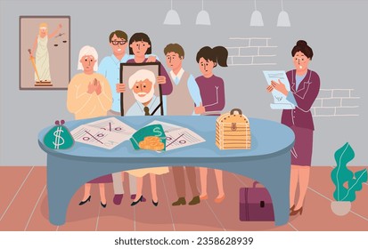 Family members dividing inheritance after death of their relative flat vector illustration