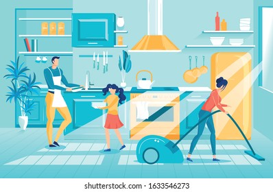 Family Members Doing Household Chores in Kitchen Flat Cartoon Vector Illustration. Father Washing Dishes, Daughter Carrying Plates. Woman Vacuuming Floor. Housekeeping. Utensils on Shelves.