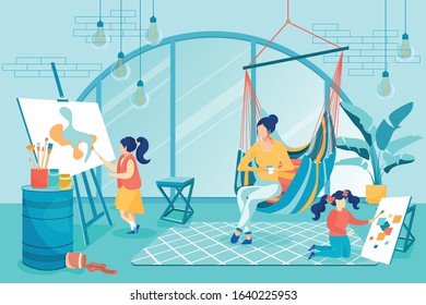 Family Members Engaged in Creativity Together Flat Cartoon Vector Illustartion. Daughters Drawing, Painting on Easel in Studio. Mother Sitting in Hammock Drinking Tea and Watching Girls.