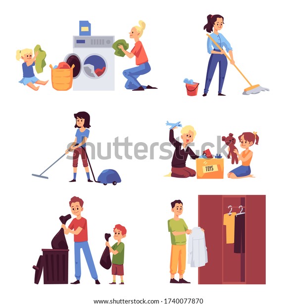 Family Members Engaged Domestic Chores House Stock Vector (Royalty Free ...