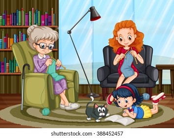 Family members enjoying freetime together illustration