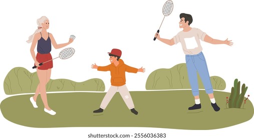 Family members enjoying a sunny day in the park, playing badminton together amidst lush greenery, creating joyful memories filled with laughter, exercise, and bonding