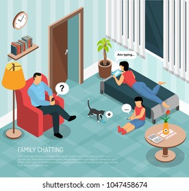 Family members father mother teenager and cat chatting home online with smartphones tablets isometric composition vector illustration 