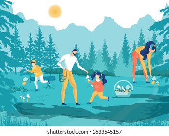 Family Members Gathering Mushrooms in Autumn Park Flat Cartoon Vector Illustration. Daughter Bringing Mushroom for Man Carrying Basket. Mother and Son Characters in Forest. Hobby for Leisure Time.