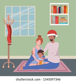 family members with gift christmas celebration vector illustration design