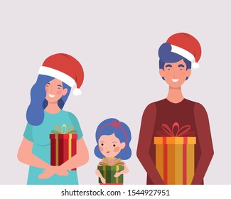 family members with gifts christmas celebration vector illustration design