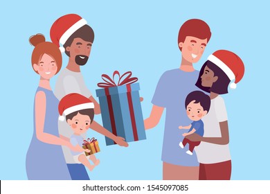 family members with gifts christmas celebration vector illustration design