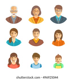 Family Members Happy Faces. Vector Flat Avatars. People Generation Simple Icons. Mother, Father And Adult, Teen And Little Kids. Caucasian Portraits. Young, Senior Men And Women, Boys, Girls And Baby