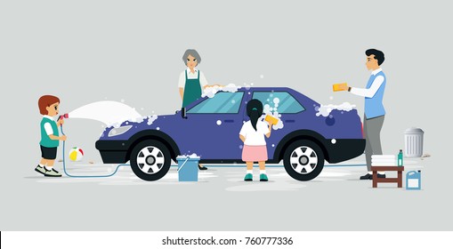 Family members are having fun with their car wash.