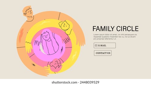 Family members hugging together. Supportive parents, togetherness, mutual care and love concept. Family circle, embracing mother, father, son and daughter. Vector illustration isolated on white.