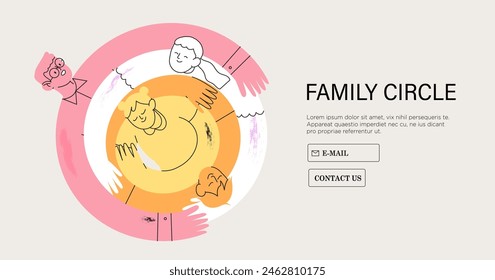 Family members hugging together. Supportive parents, togetherness, children mutual care and love concept. Family support or circle, embracing mother, father, son and daughter. Vector illustration.