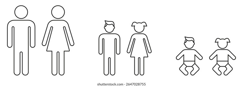 Family Members Icon Set. Different Family Stages And Generations Outline Symbol Collection. Parents, Children, And Babies. Editable Stroke. Isolated Vector Illustration.