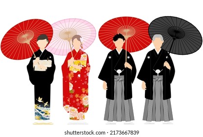 Family members in kimono with Japanese umbrellas, crested hakama and furisode, black tomesode
